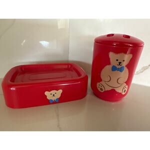 Vintage Aquetta Ware Soap Dish, Cup Red Teddy Bear, 2 Piece Bathroom Set